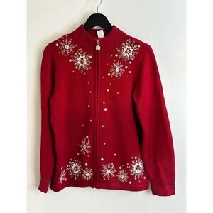 Red zip up sweater with snowflakes Size M